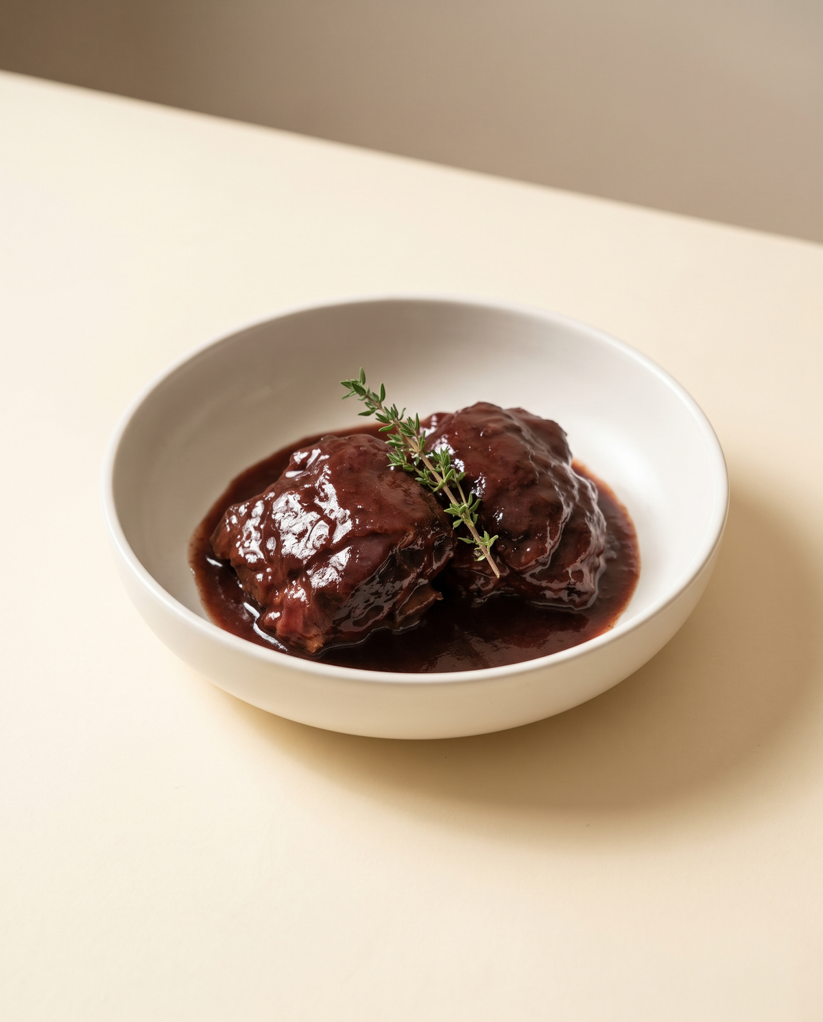 Dos carrilleras ibéricas guisadas en salsa de vino tinto, en cuenco blanco