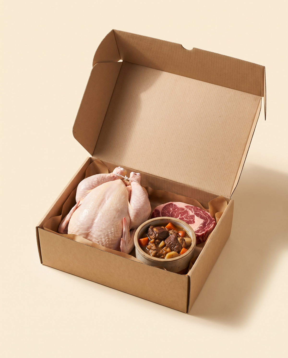 Caja de cartón abierta con la selección del Pack Domingo: pollo entero, corte de vacuno y un guiso