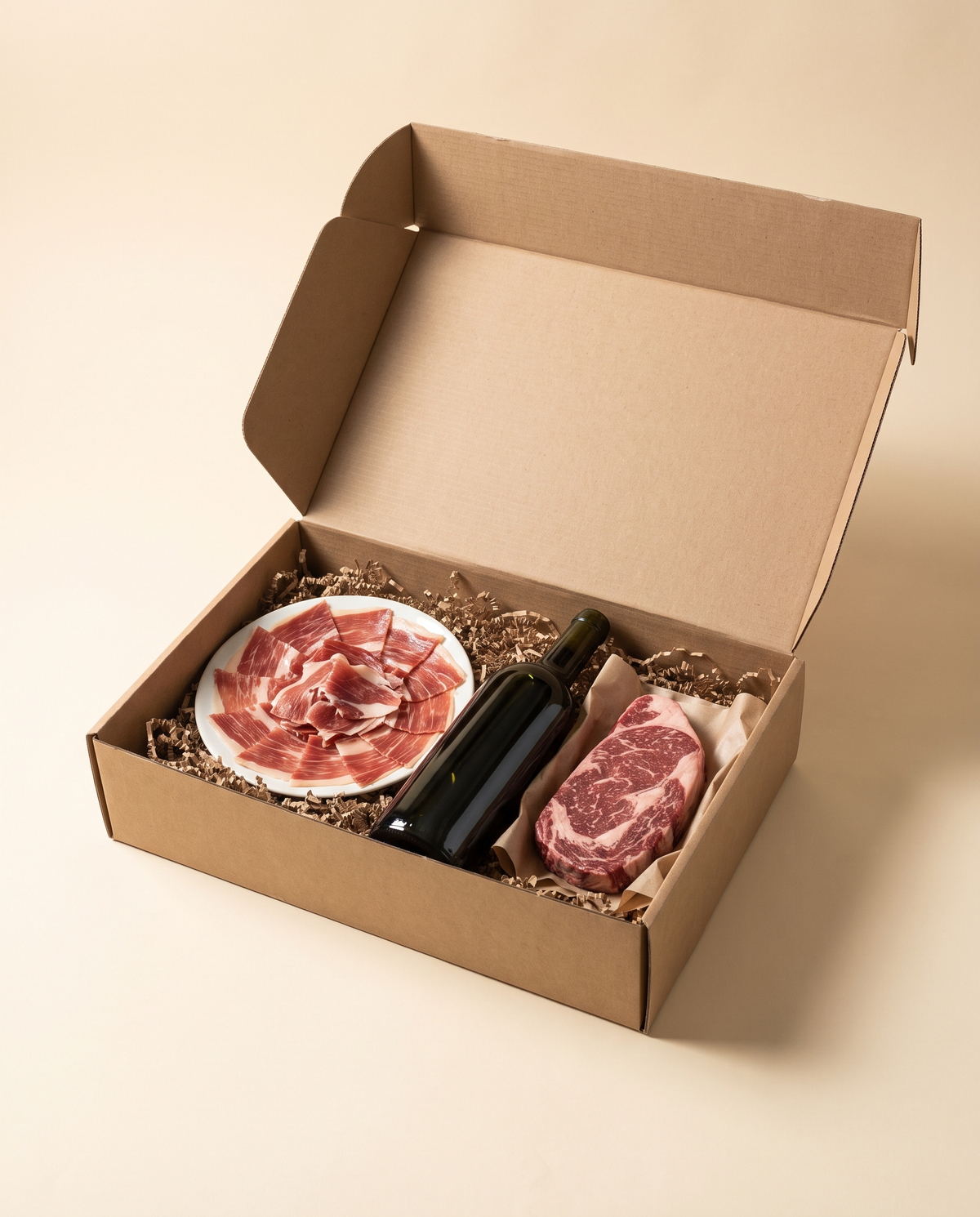 Caja regalo de cartón abierta con la selección del Pack Navidad: jamón ibérico, una botella y un corte de vacuno