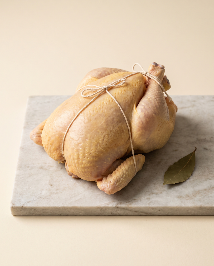 Pollo de corral entero, bridado, con la piel amarilla característica