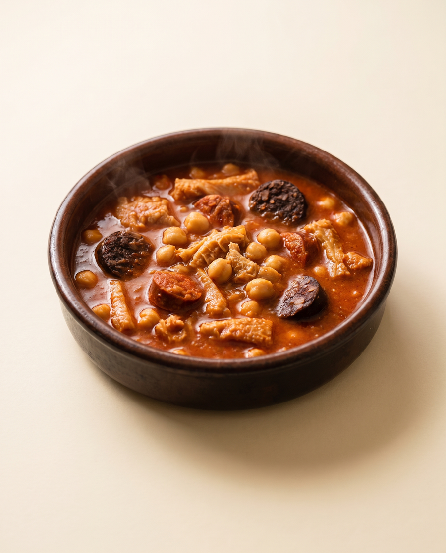 Callos a la madrileña en cazuela de barro, con garbanzos, chorizo y morcilla