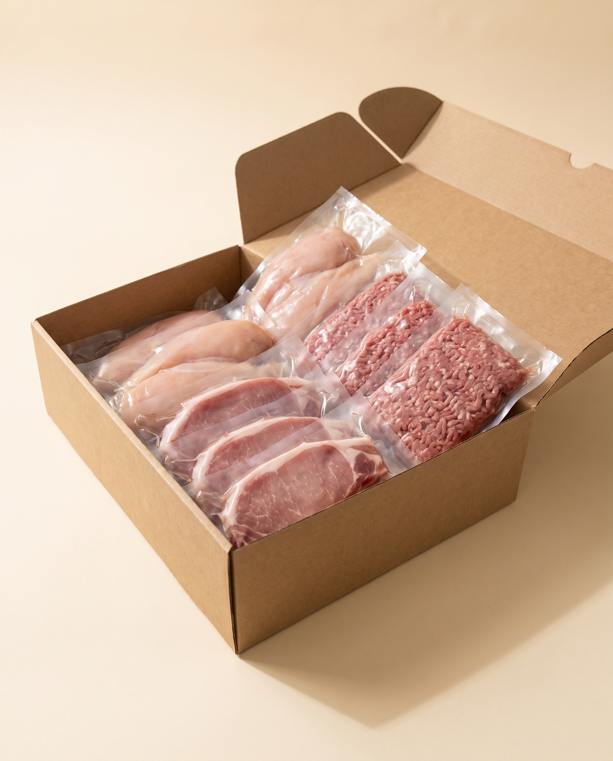 Caja de cartón abierta con la selección del Pack Semana envasada al vacío