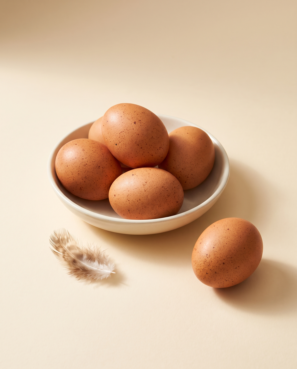Huevos de corral morenos en un cuenco blanco, con uno apoyado al lado