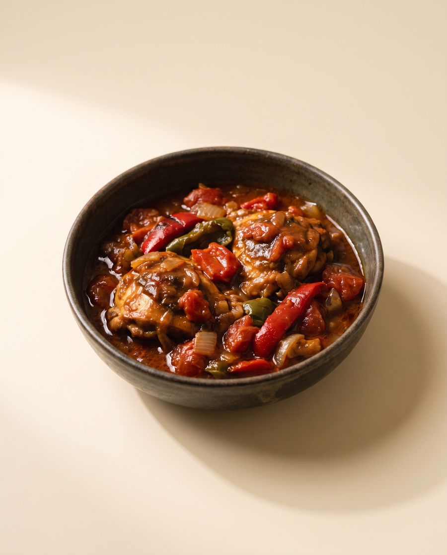 Pollo al chilindrón en cazuela de barro, con pimiento rojo asado y tomate
